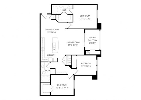 Floor plan for 3 beds, 2 baths, 1327 sqft